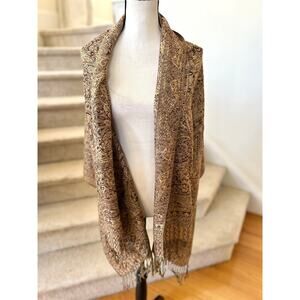 Pashmina Paisley Tan, Chocolate Brown, Metallic Gold Thread Scarf Shawl Wrap